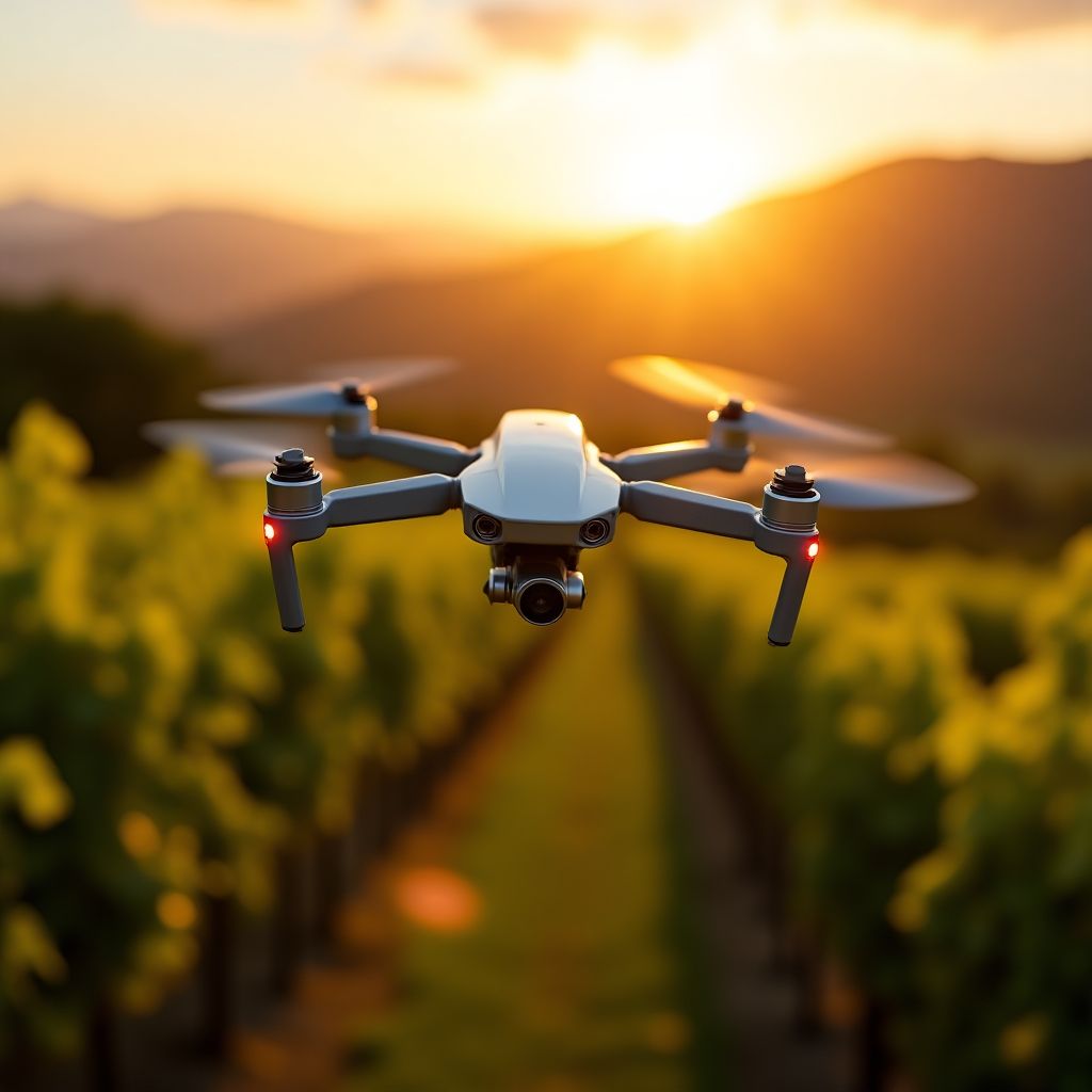 Dron sobrevolando un viñedo en Mendoza